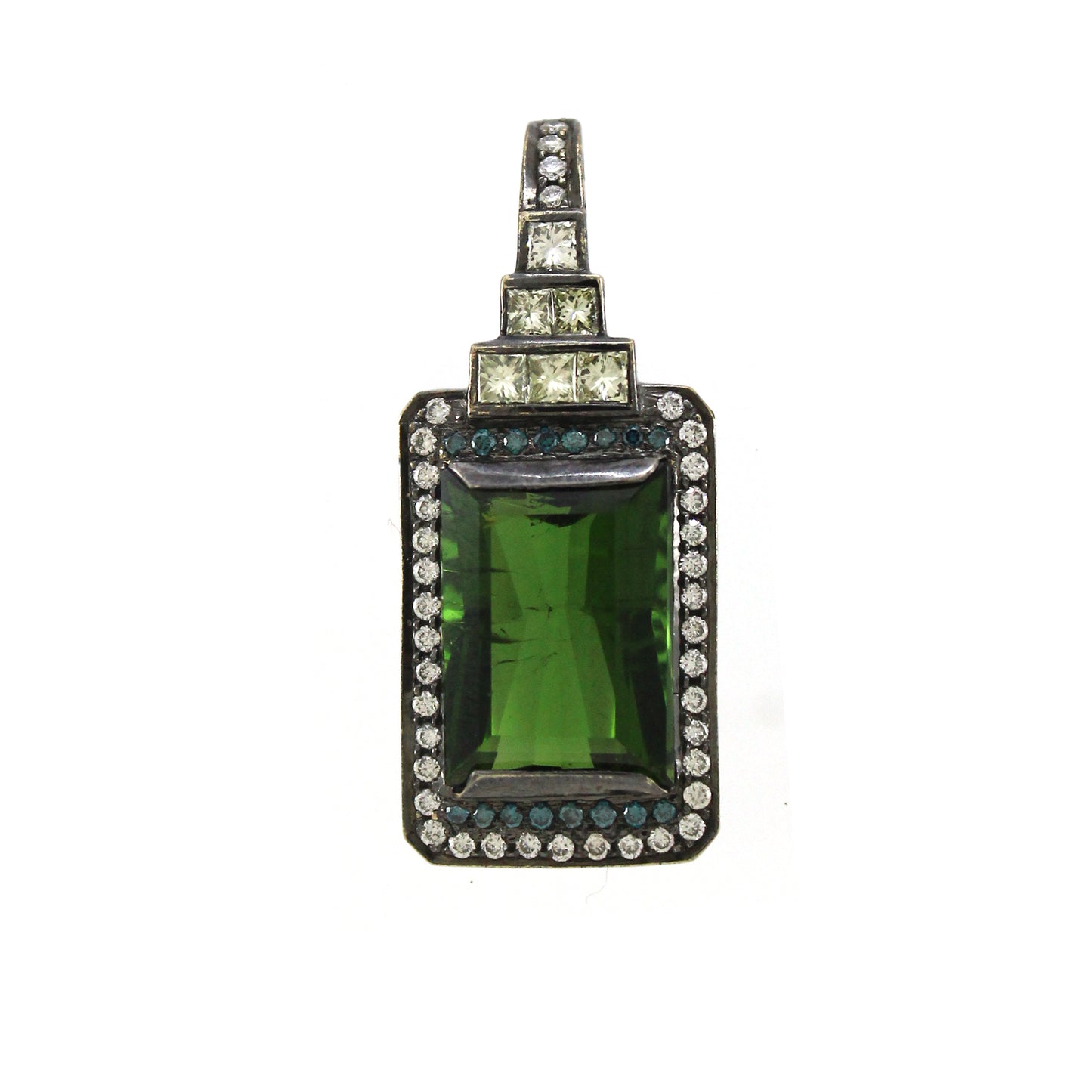 18K Gold White Blue Diamond Tourmaline Halo Pendant emerald 8.92g