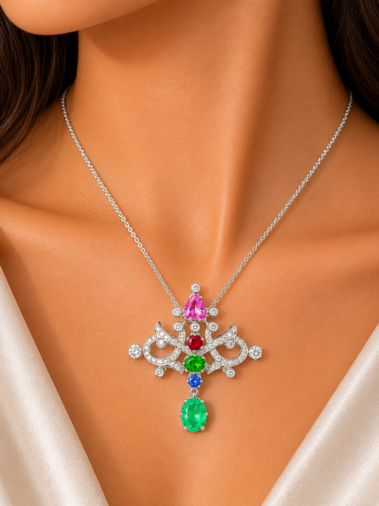 0.97 ct Oval Emerald with White and Mix Color Diamond Pendant in 18K Gold