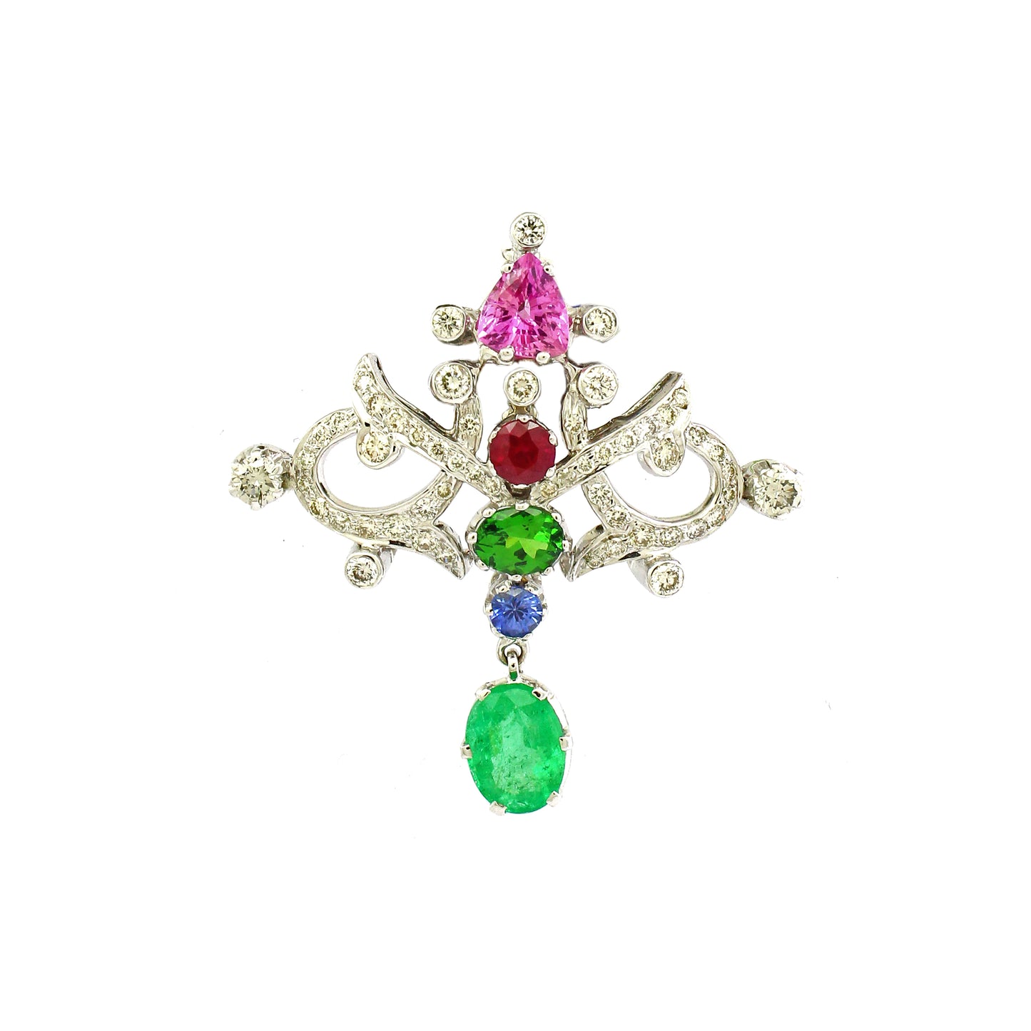 0.97 ct Oval Emerald with White and Mix Color Diamond Pendant in 18K Gold