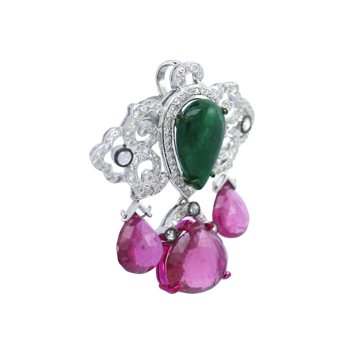 2.27 ct Pear Emerald with Tourmaline and White Diamond Pendant in 18K Gold