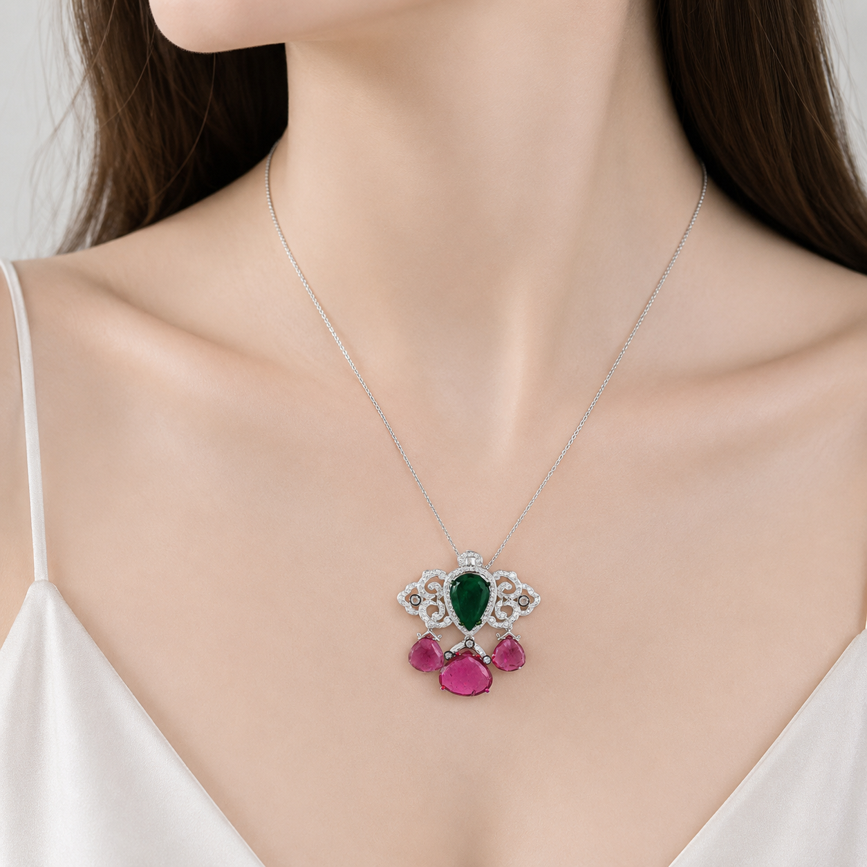 2.27 ct Pear Emerald with Tourmaline and White Diamond Pendant in 18K Gold