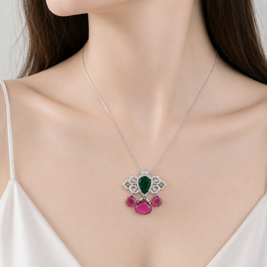 2.27 ct Pear Emerald with Tourmaline and White Diamond Pendant in 18K Gold