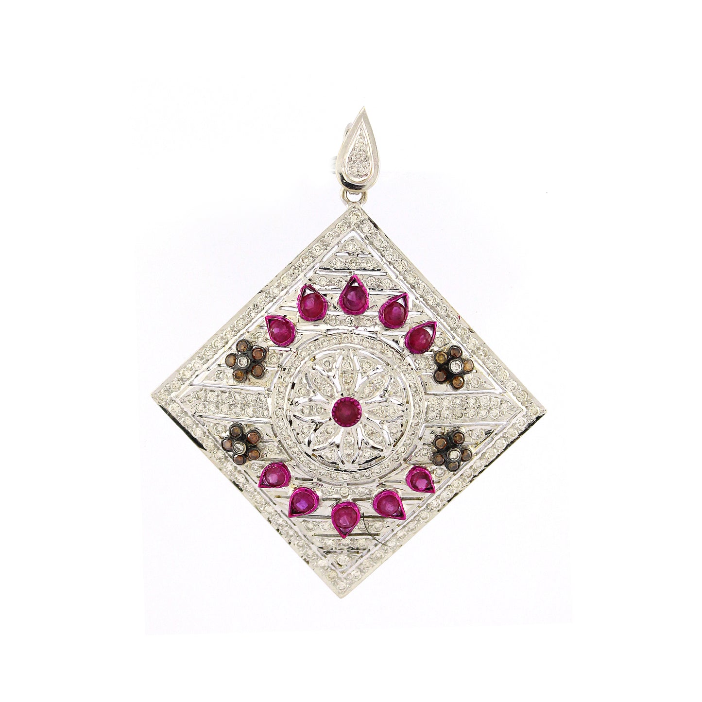 2.16 ct Round Ruby with White Diamond and Brunt Orange Pendant in 18K Gold