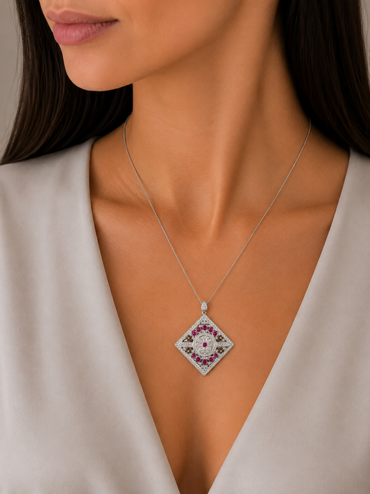 2.16 ct Round Ruby with White Diamond and Brunt Orange Pendant in 18K Gold
