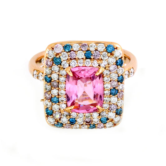 1.99 ct Oval Sapphire with White Pink and Blue Diamond Ring in 14K Gold