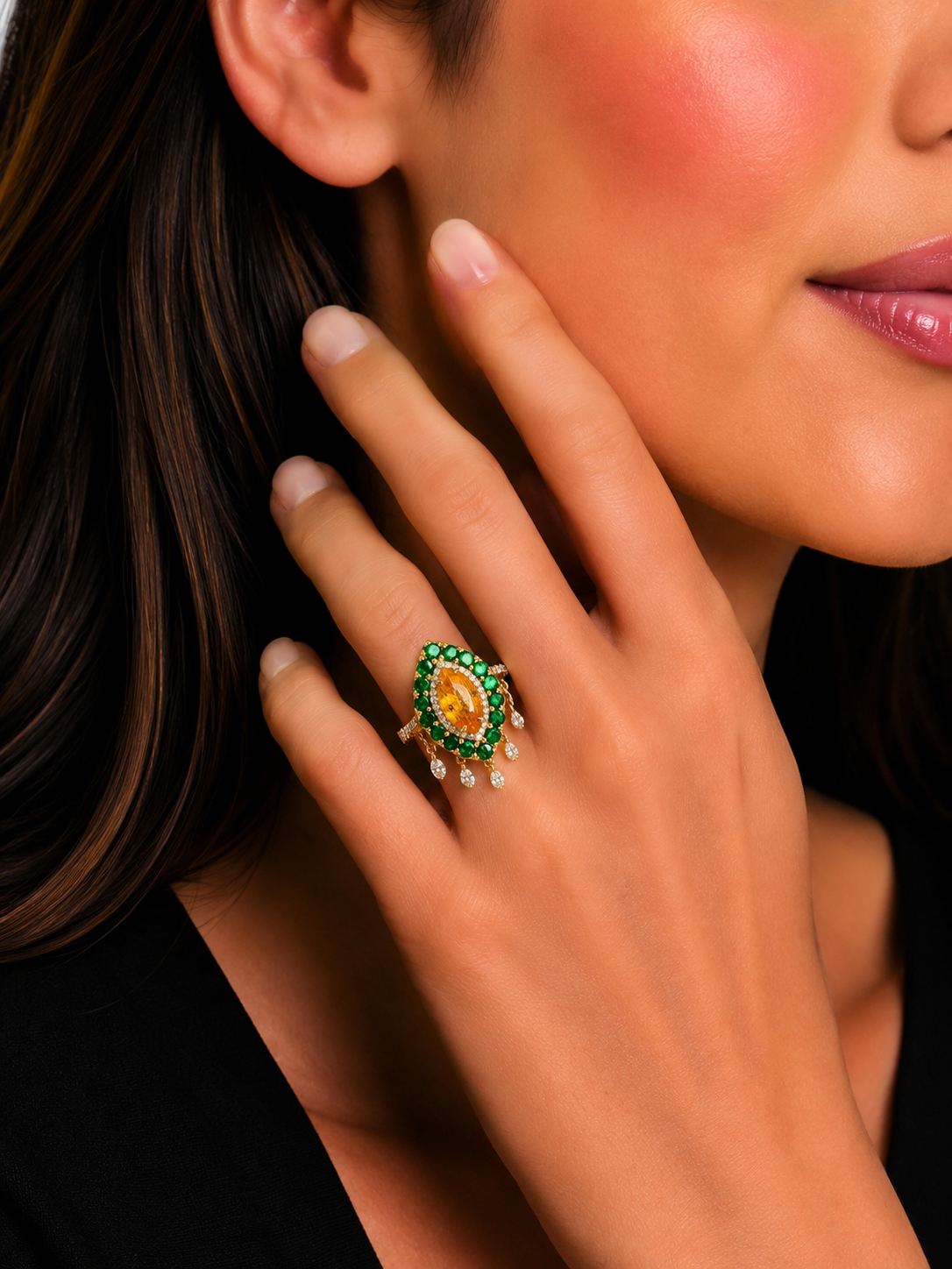 1.03 ct Sapphire with White Diamond and Tsavorite Ring in 18K Gold