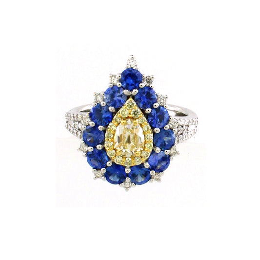 1.17 ct Pear Sapphire with White, Canary and Yellow Diamond Ring in 18K Gold