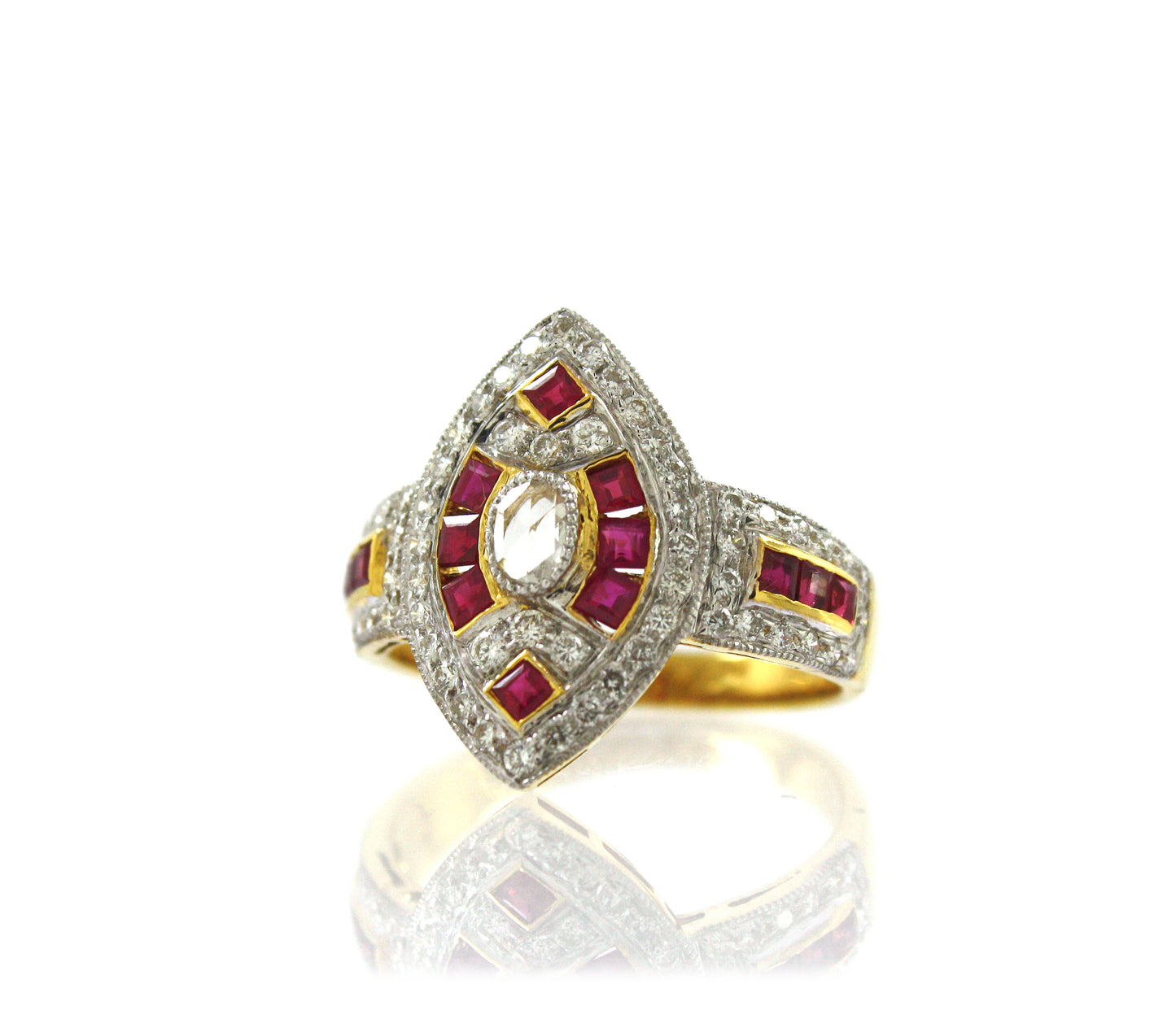 0.70 ct Oval Diamond with Princess Ruby Ring in 22K Gold