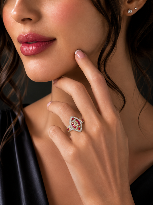 0.70 ct Oval Diamond with Princess Ruby Ring in 22K Gold