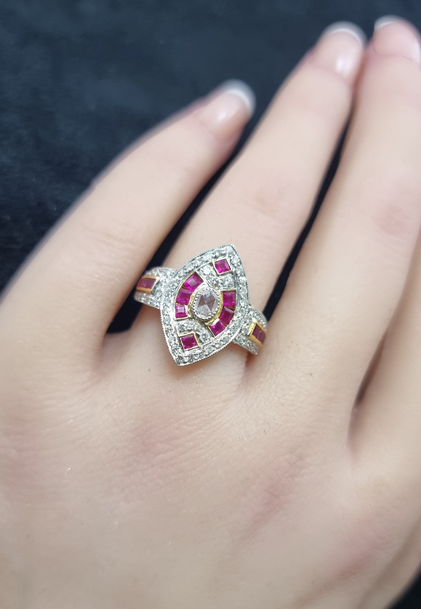 0.70 ct Oval Diamond with Princess Ruby Ring in 22K Gold