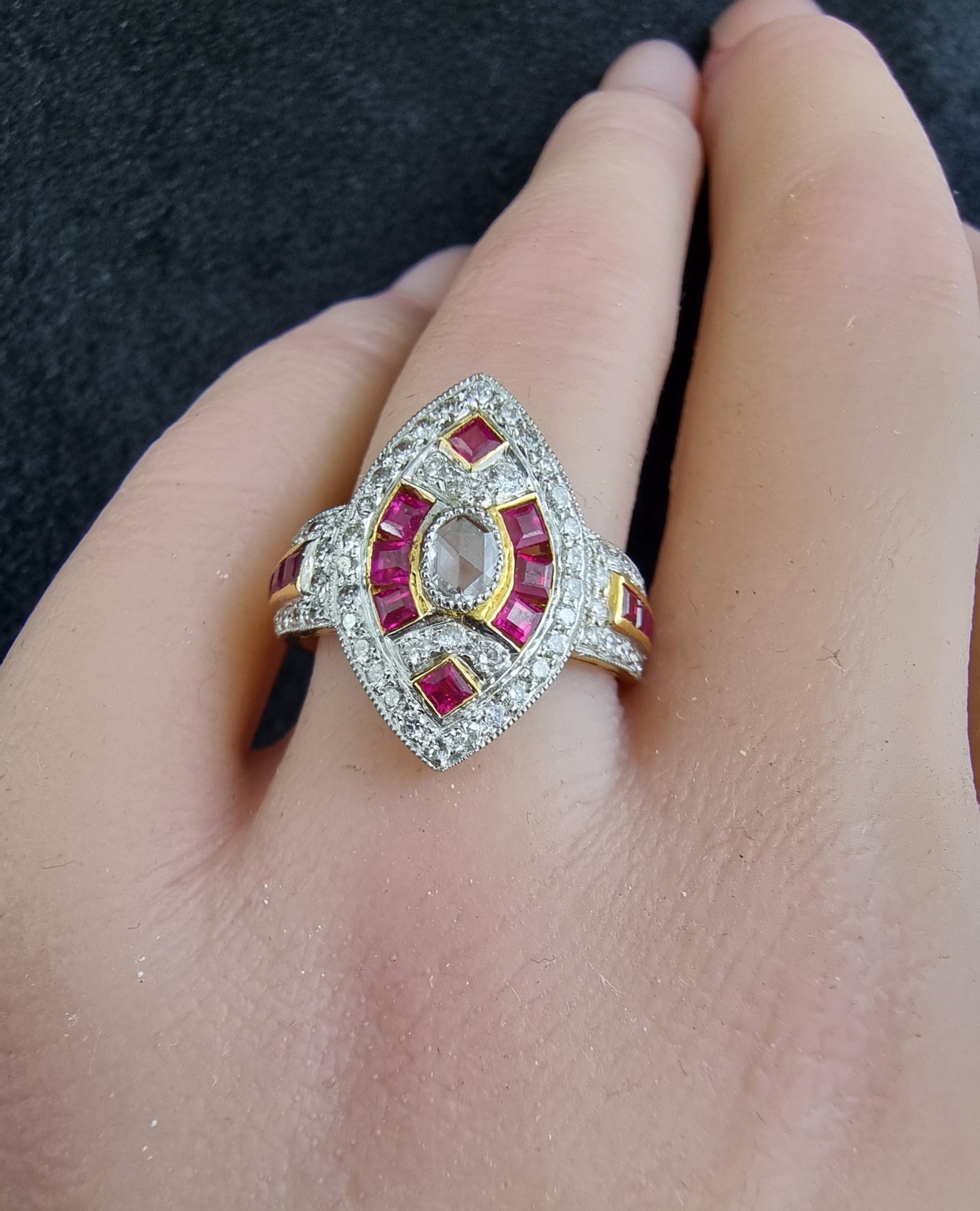 0.70 ct Oval Diamond with Princess Ruby Ring in 22K Gold