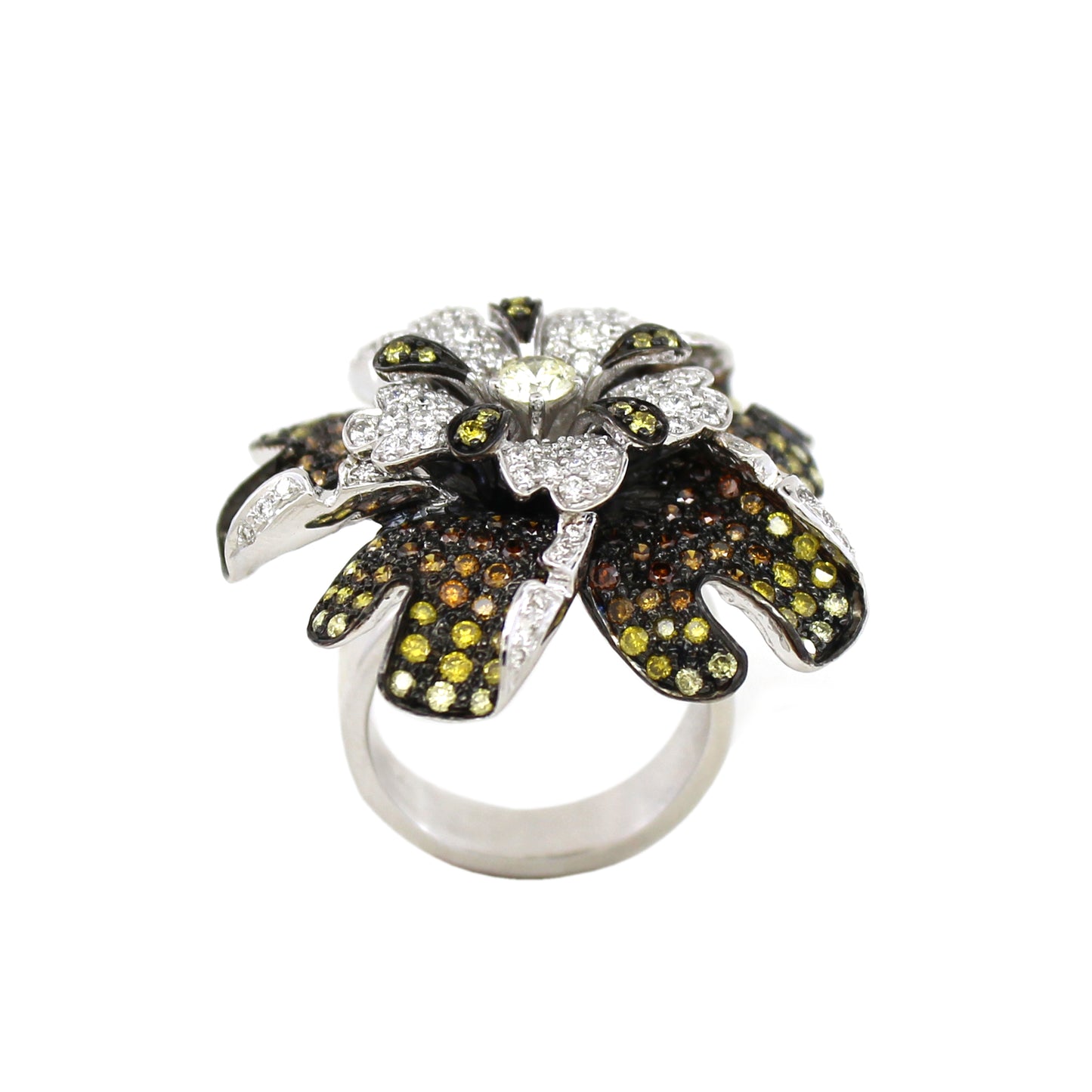 3.54 ct Round White Diamond with Canary, Brunt Orange and Top Light Cape Diamond Ring in 18K Gold