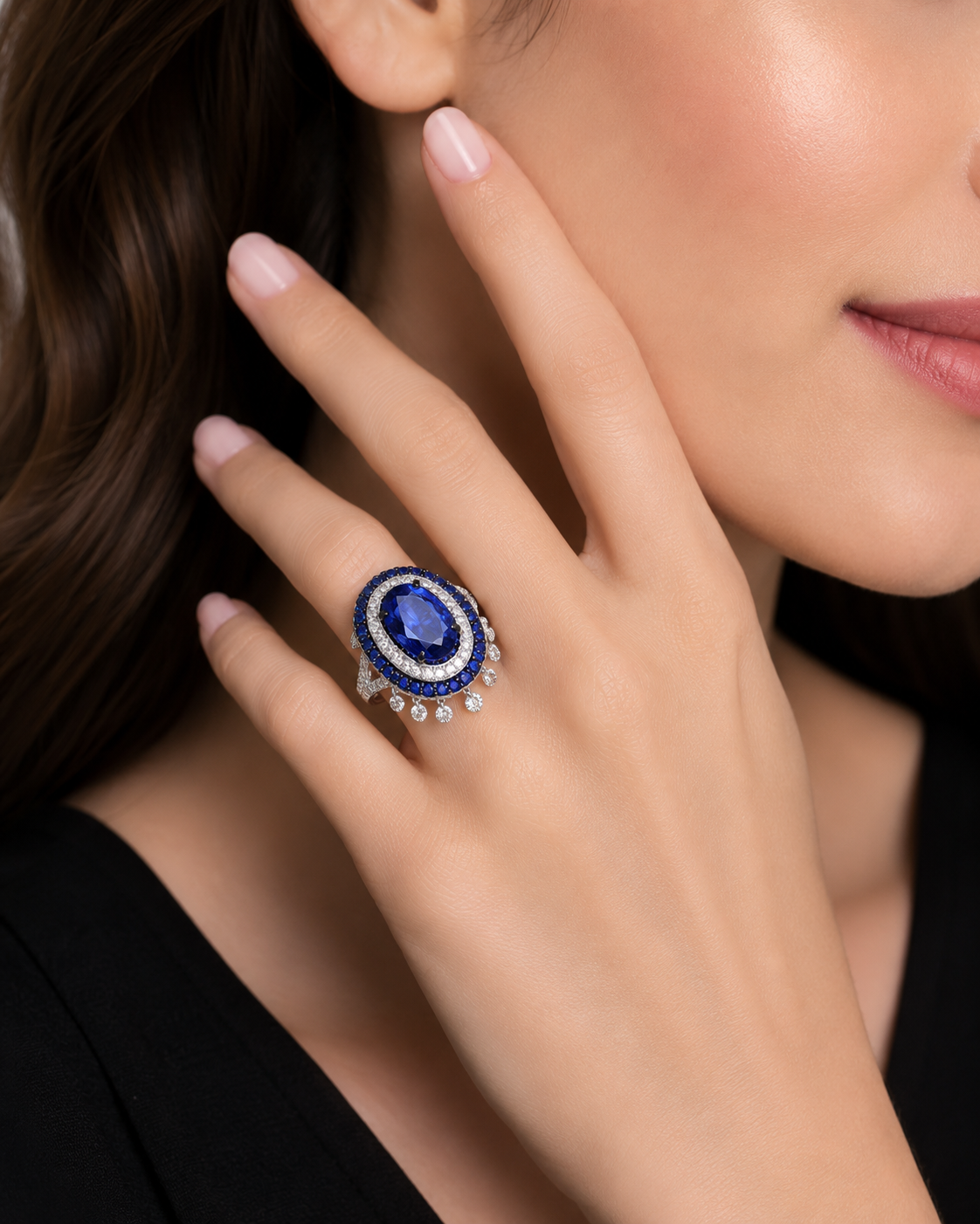 1.37 ct Oval Kinite with White Diamond and Sapphire Ring in 18K Gold