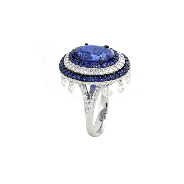 1.37 ct Oval Kinite with White Diamond and Sapphire Ring in 18K Gold