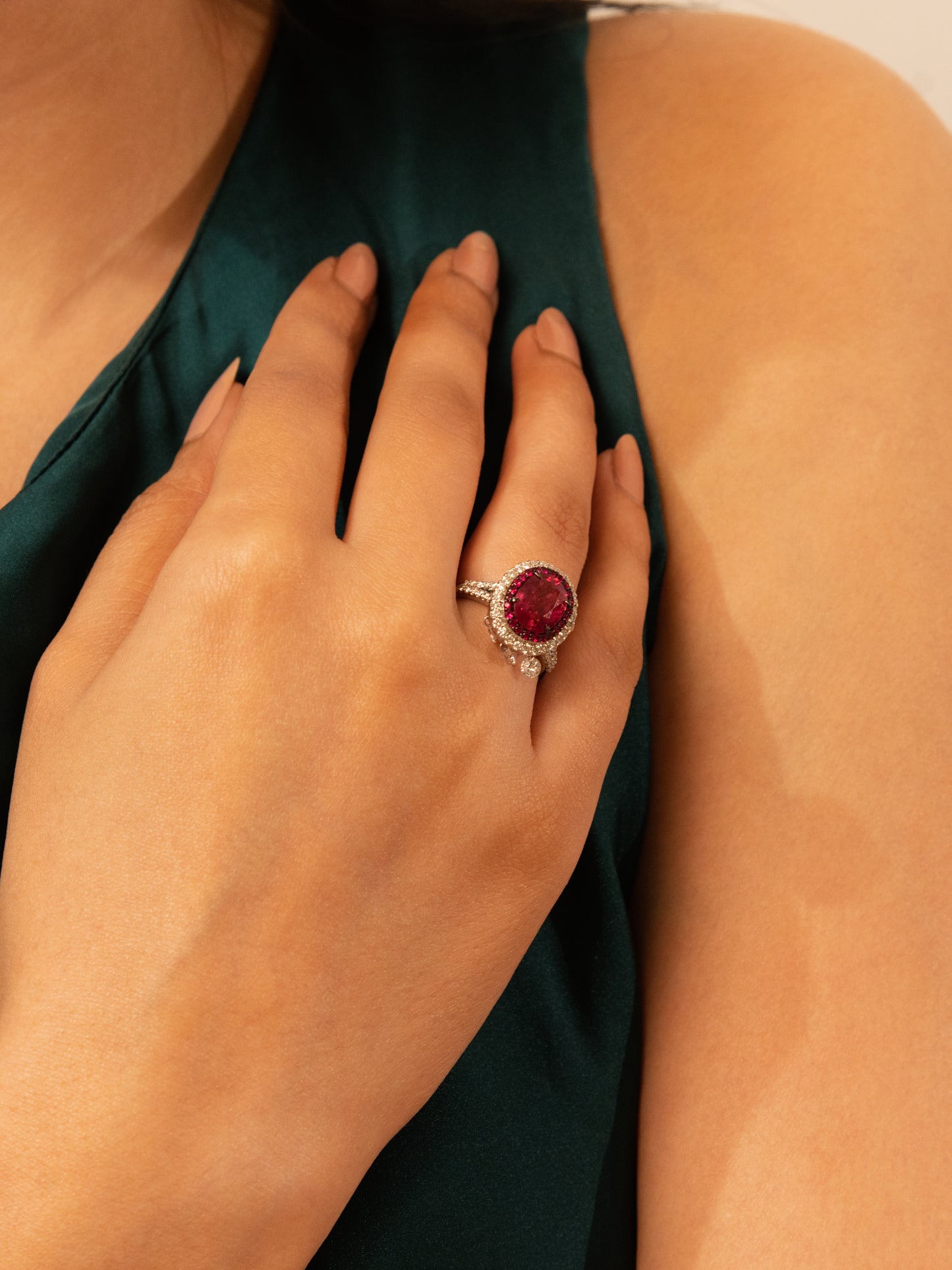 18K Gold Ruby & Diamond Halo Ring – Vintage Drop Accent Statement Design