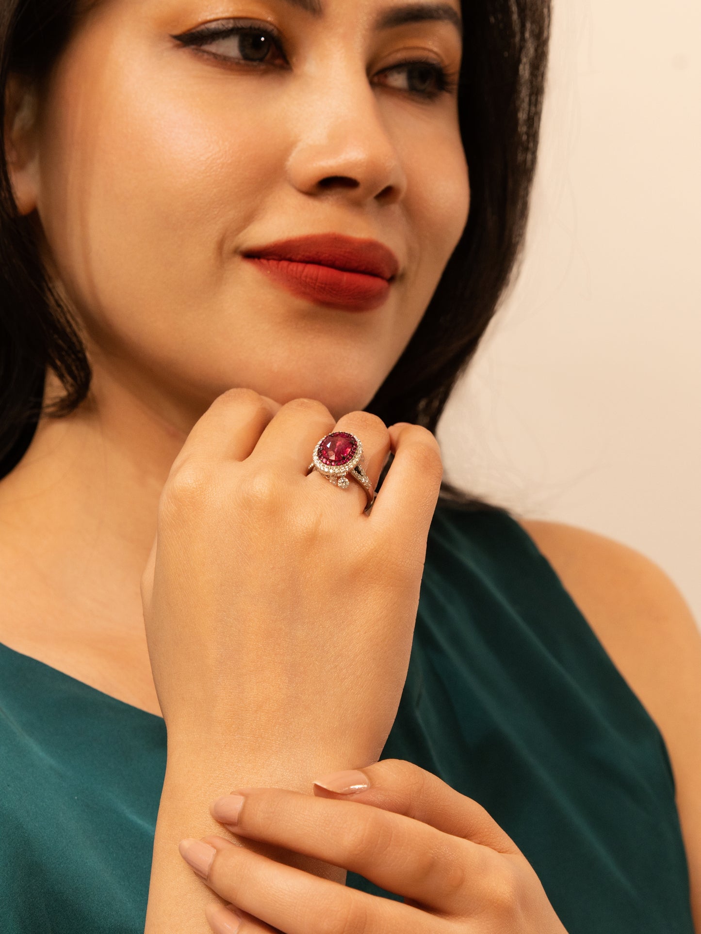 18K Gold Ruby & Diamond Halo Ring – Vintage Drop Accent Statement Design