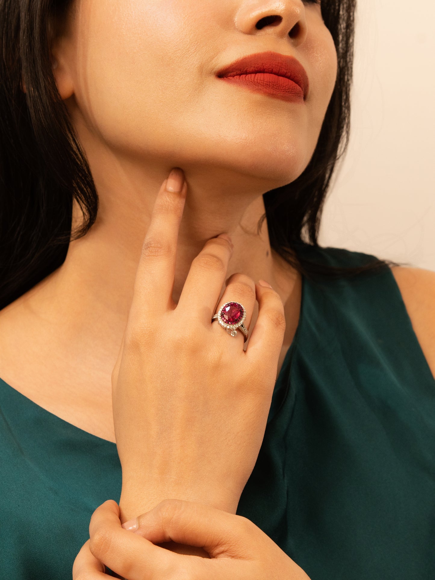 18K Gold Ruby & Diamond Halo Ring – Vintage Drop Accent Statement Design