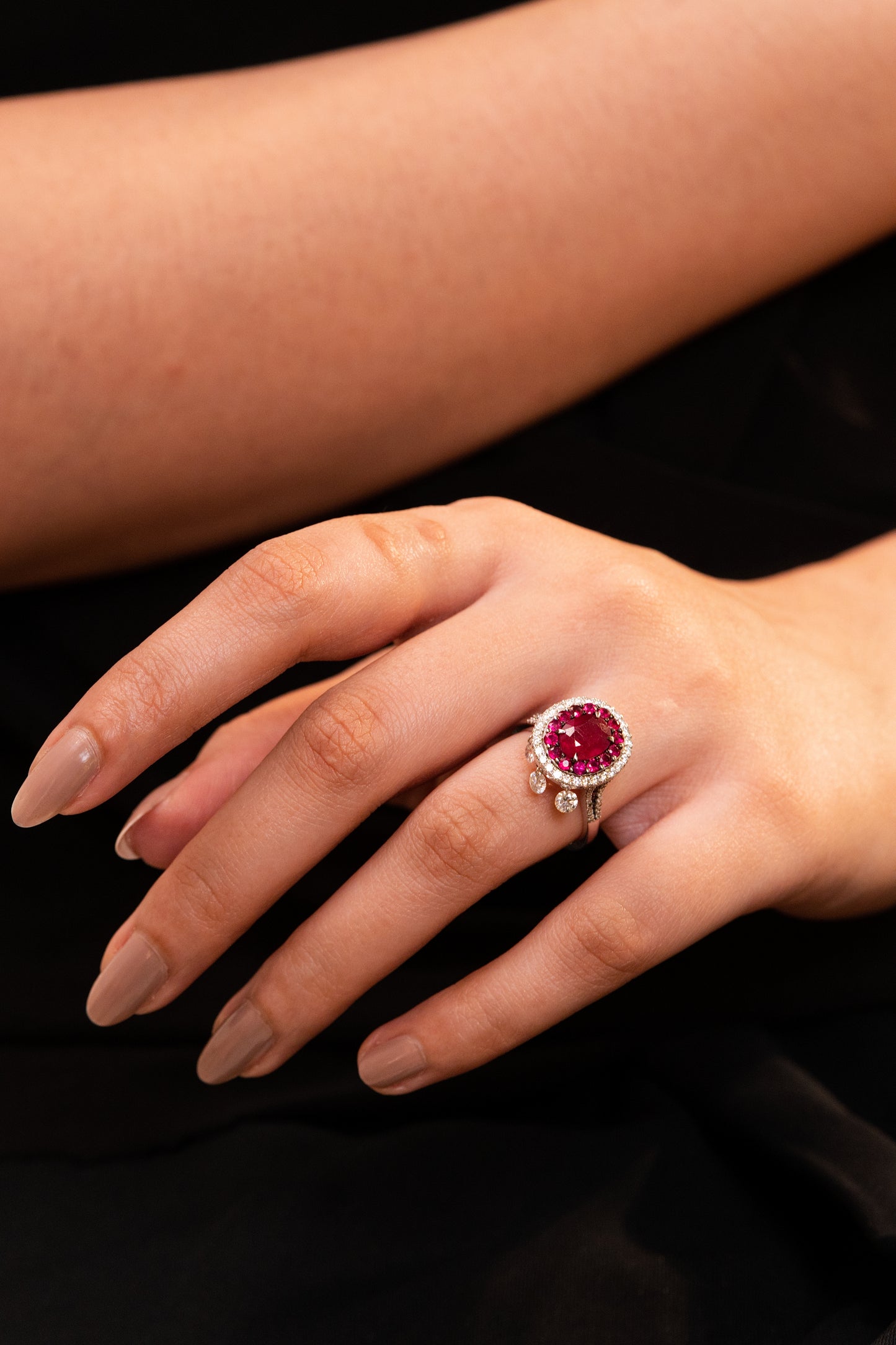 18K Gold Ruby & Diamond Halo Ring – Vintage Drop Accent Statement Design