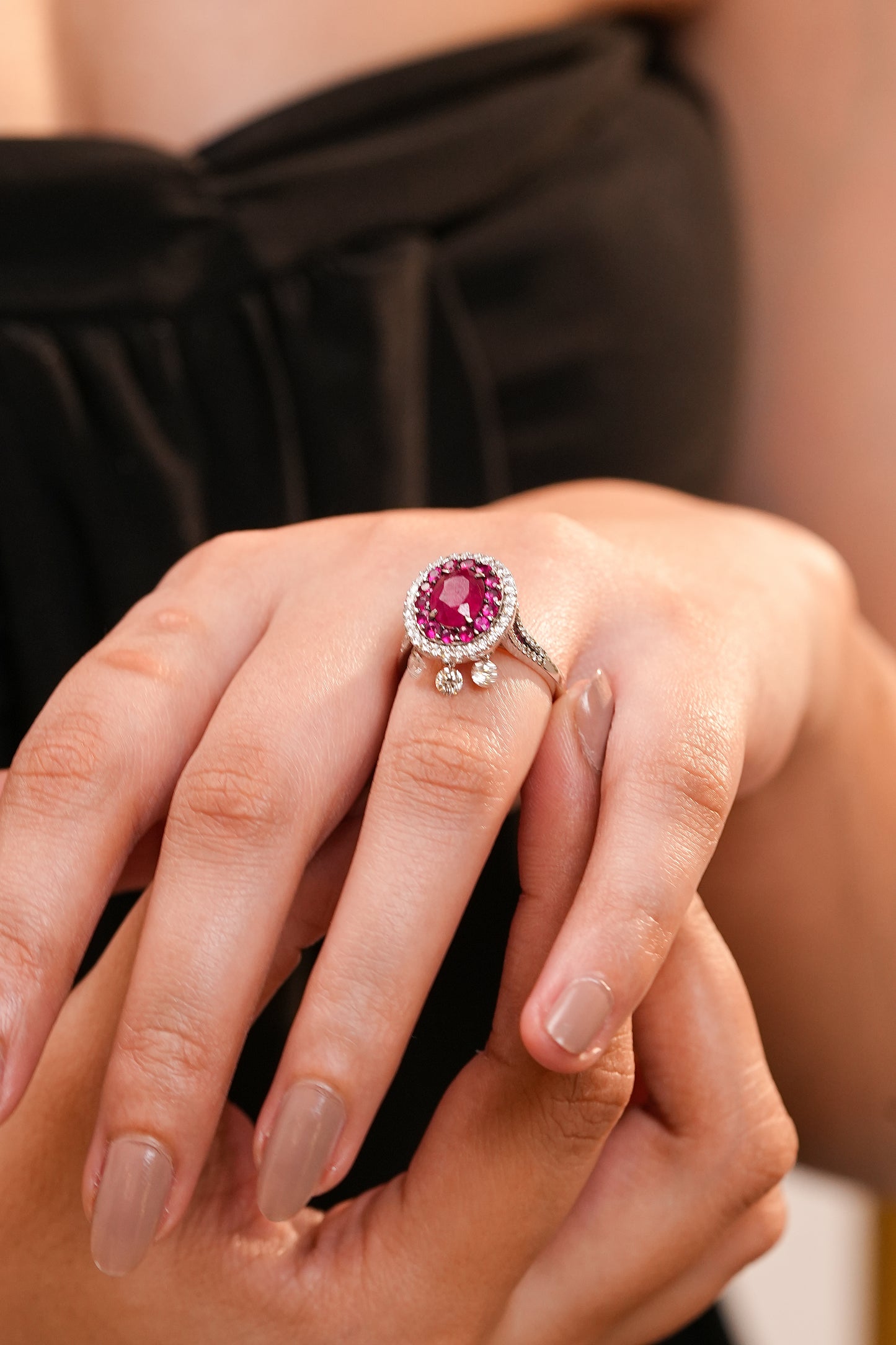 18K Gold Ruby & Diamond Halo Ring – Vintage Drop Accent Statement Design