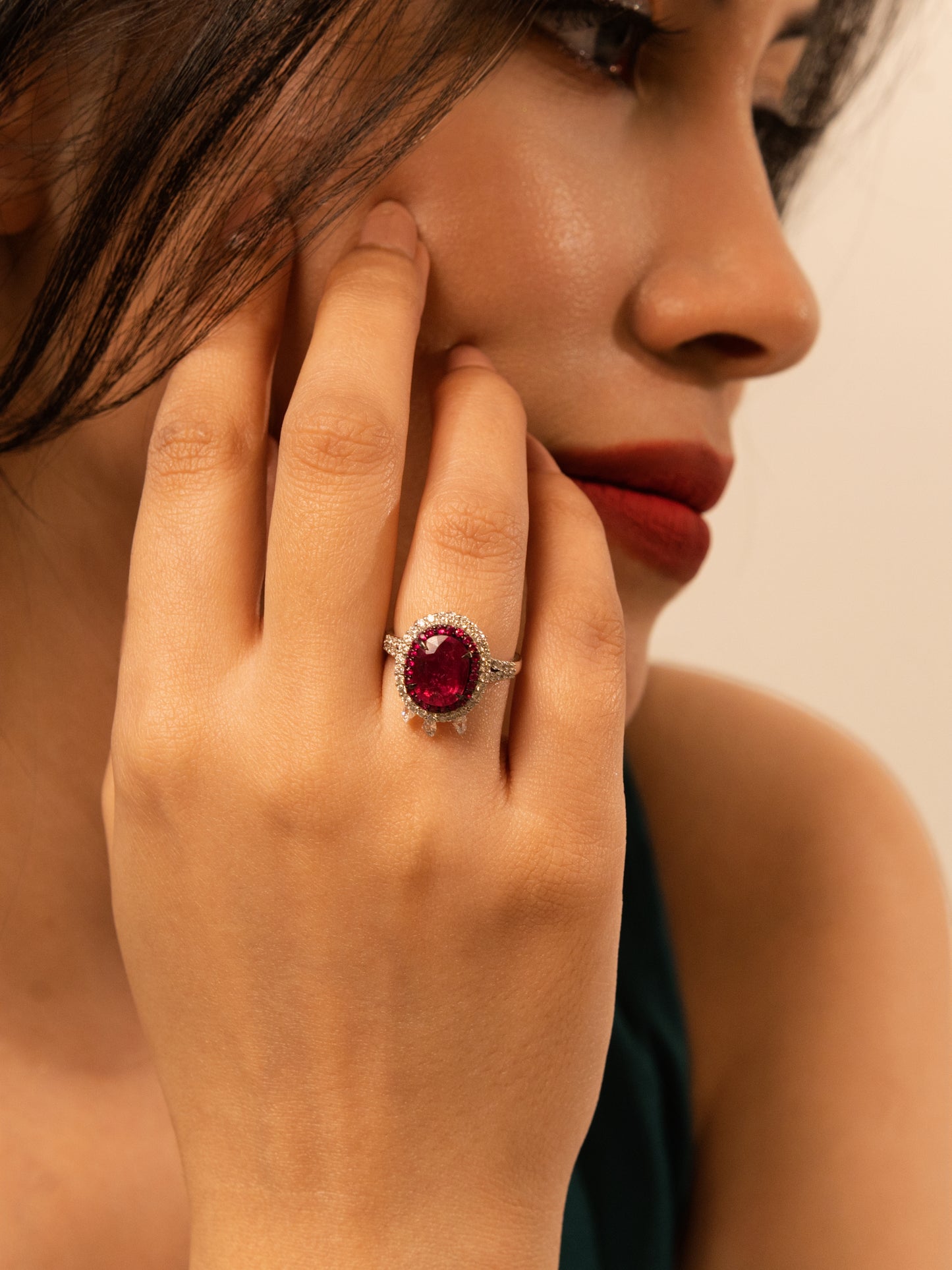 18K Gold Ruby & Diamond Halo Ring – Vintage Drop Accent Statement Design