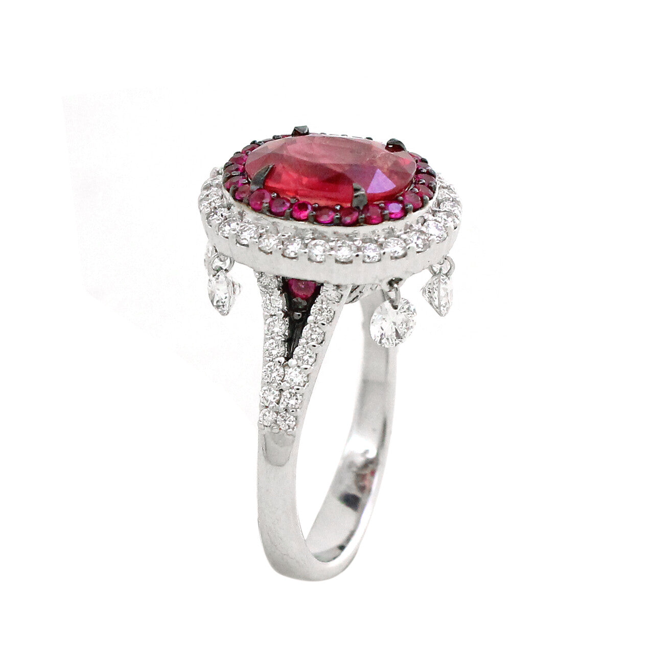 18K Gold Ruby & Diamond Halo Ring – Vintage Drop Accent Statement Design