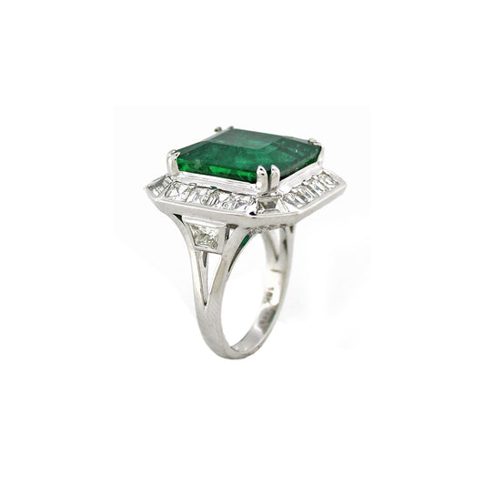 3.52 ct Emerald Cut Emerald with White Diamond Ring in 18K Gold