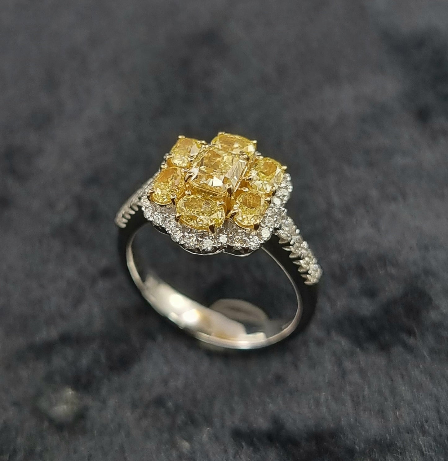 1.93 ct Cushion Yellow Diamond with White and Yellow Diamonds Ring in 18K Gold