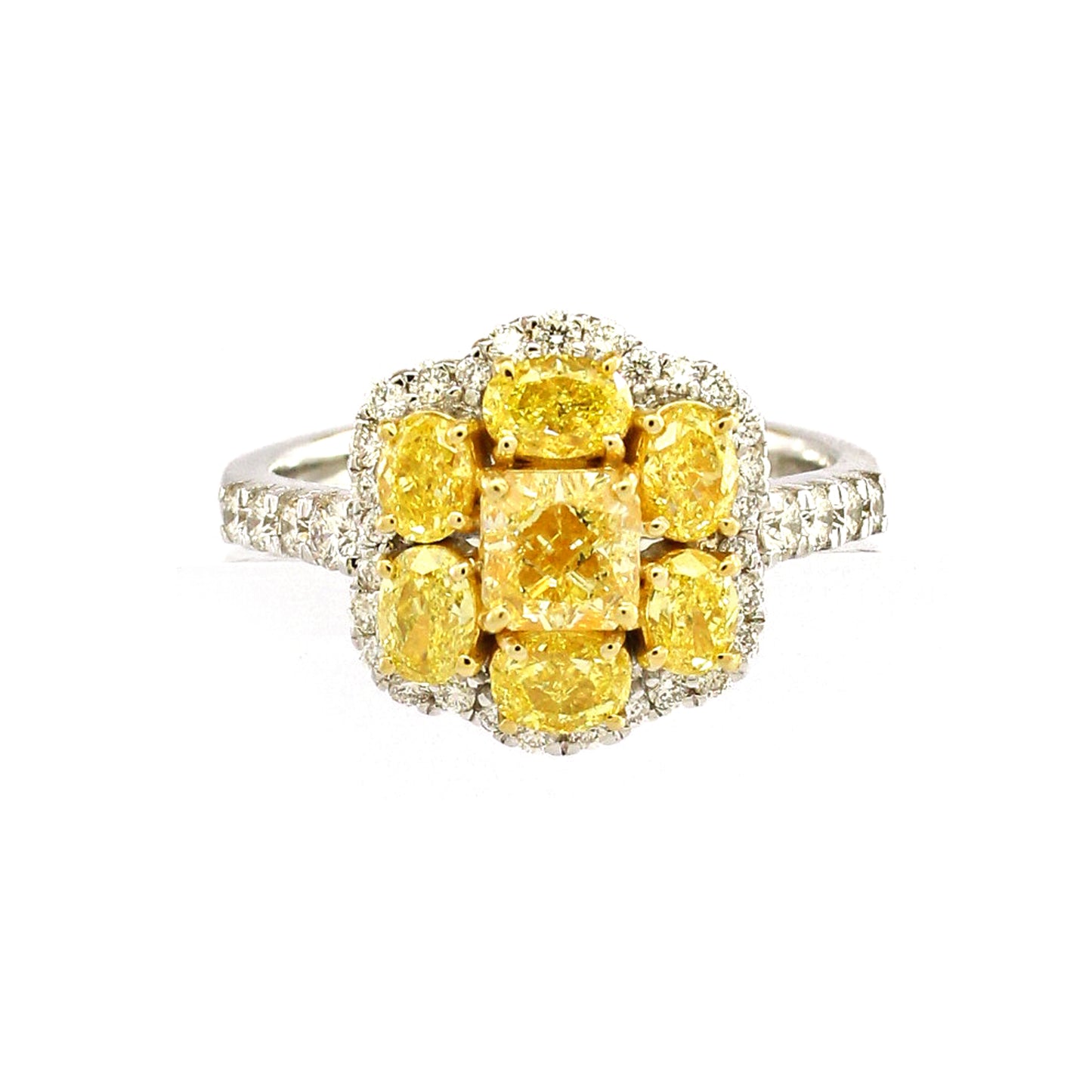1.93 ct Cushion Yellow Diamond with White and Yellow Diamonds Ring in 18K Gold
