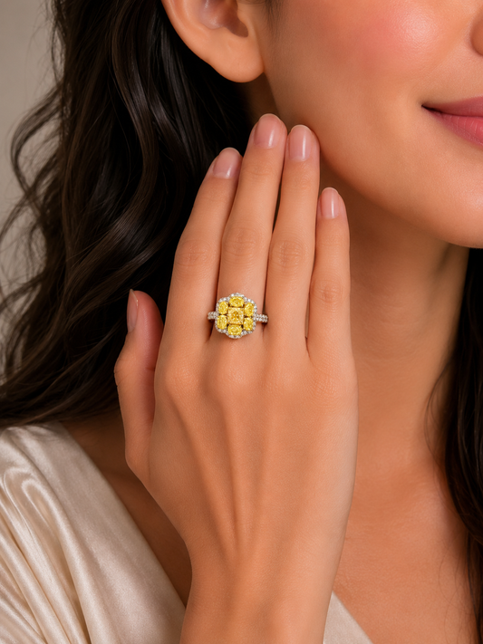 1.93 ct Cushion Yellow Diamond with White and Yellow Diamonds Ring in 18K Gold