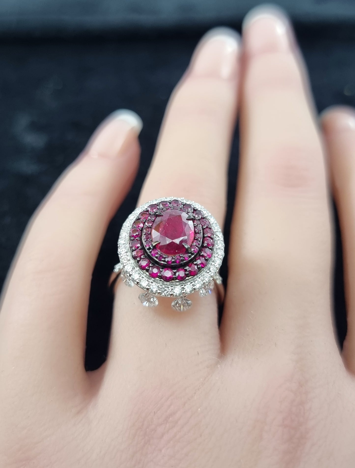 1.57 ct Oval Ruby with White Diamond and Ruby Ring in 18K Gold