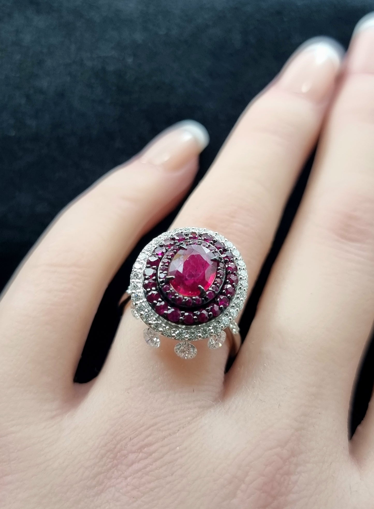 1.57 ct Oval Ruby with White Diamond and Ruby Ring in 18K Gold