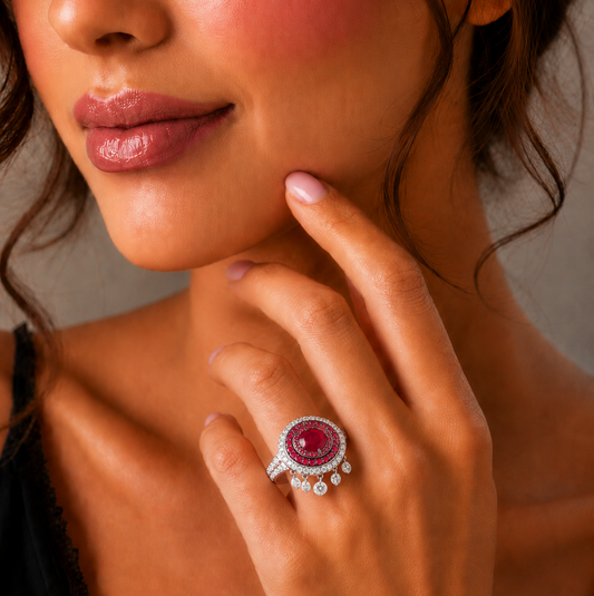 1.57 ct Oval Ruby with White Diamond and Ruby Ring in 18K Gold