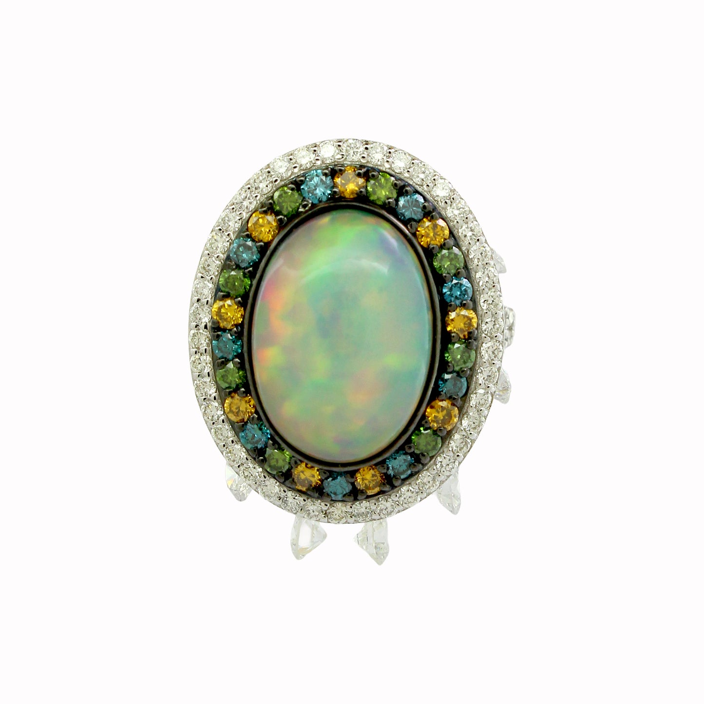 2.48 ct Oval Opal with White, Blue and Brunt Orange Diamond Ring in 18K Gold