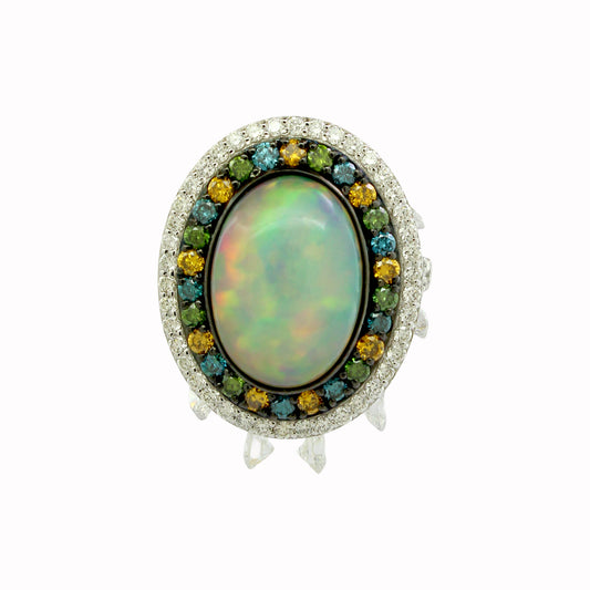 2.48 ct Oval Opal with White, Blue and Brunt Orange Diamond Ring in 18K Gold