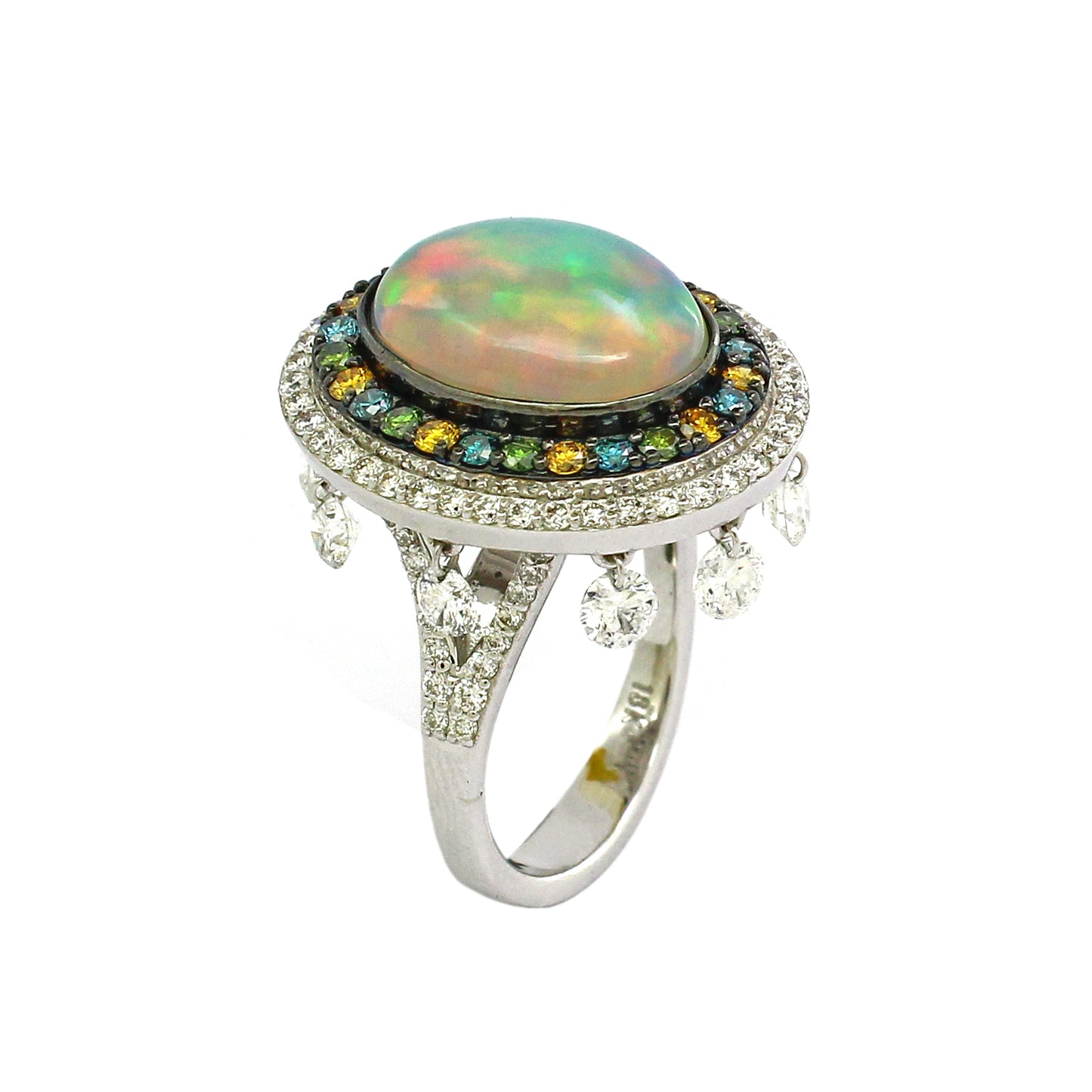 2.48 ct Oval Opal with White, Blue and Brunt Orange Diamond Ring in 18K Gold