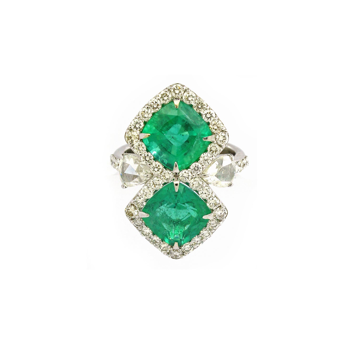 2.18 ct Cushion Emerald with White and Rose Cut Diamond Ring in 18K Gold