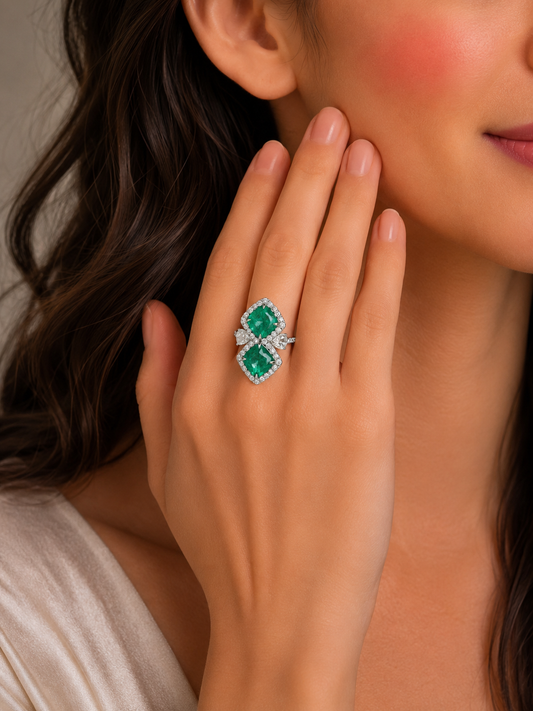 2.18 ct Cushion Emerald with White and Rose Cut Diamond Ring in 18K Gold