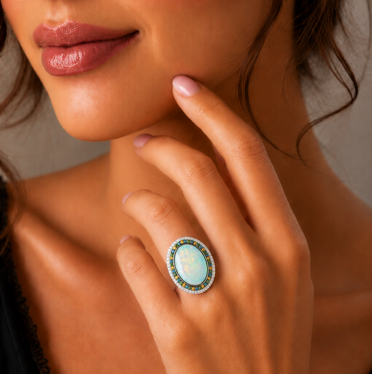 1.44 ct Oval Opal with White Blue and Brunt Orange Diamond Ring in 18K Gold