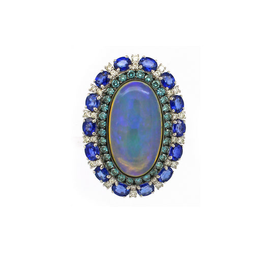 1.74 ct Oval Opal with Sapphire and White Blue Diamond Ring in 18K Gold