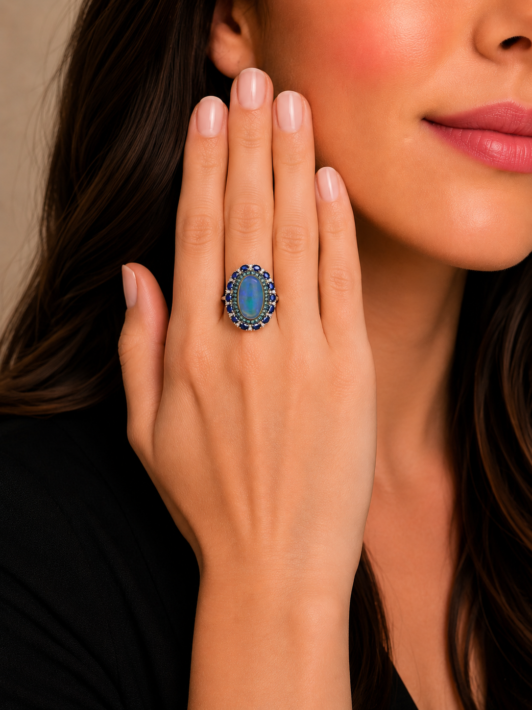 1.74 ct Oval Opal with Sapphire and White Blue Diamond Ring in 18K Gold