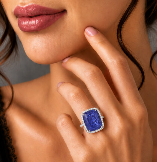 1.39 ct Cushion Tanzanite with White Diamond Ring in 18K Gold