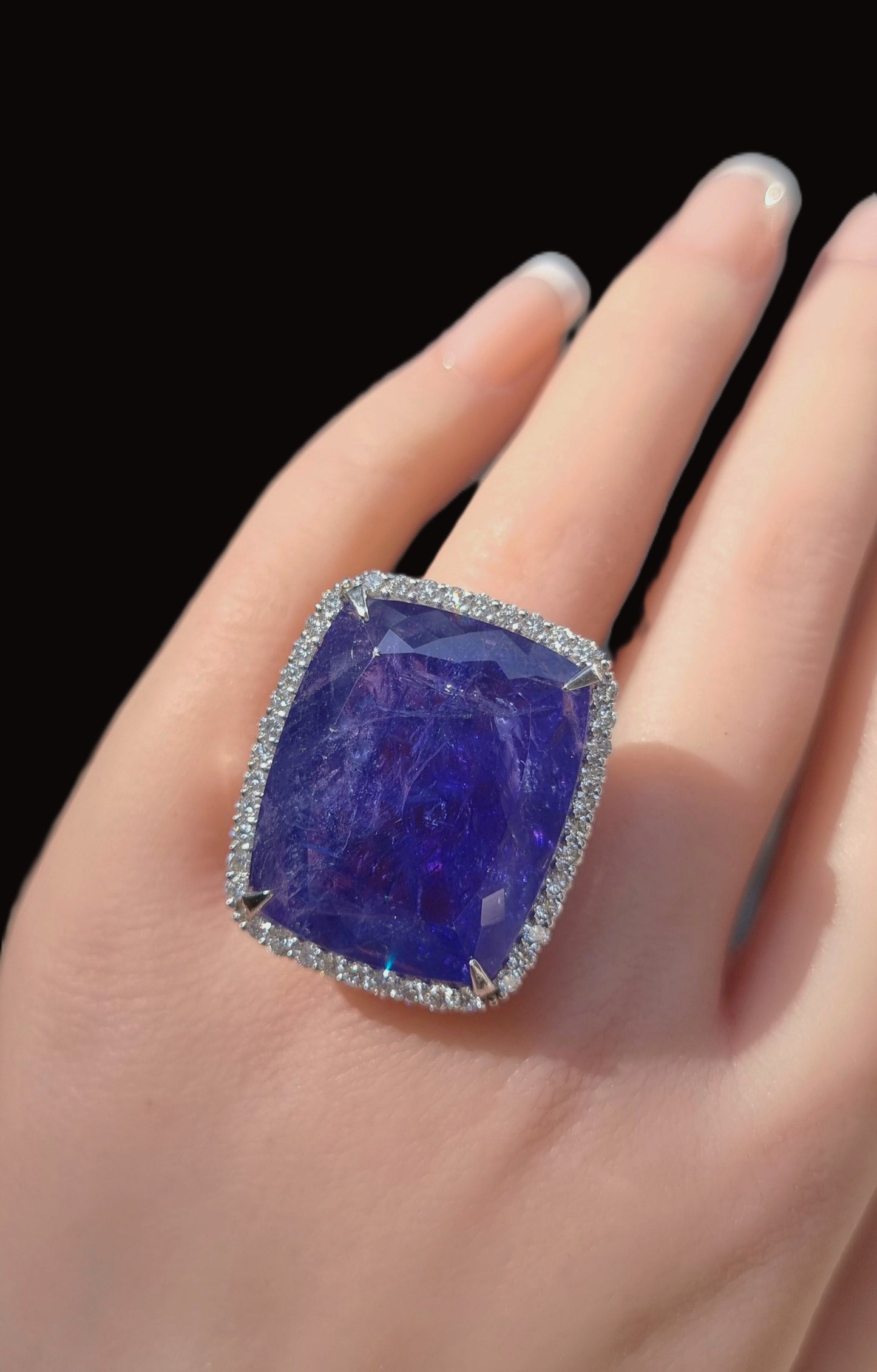 1.39 ct Cushion Tanzanite with White Diamond Ring in 18K Gold