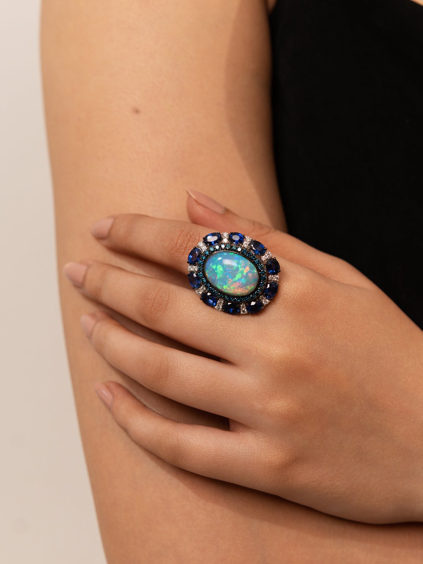 Vintage 18K Opal Ring with Blue Diamond Halo & Sapphire Accents