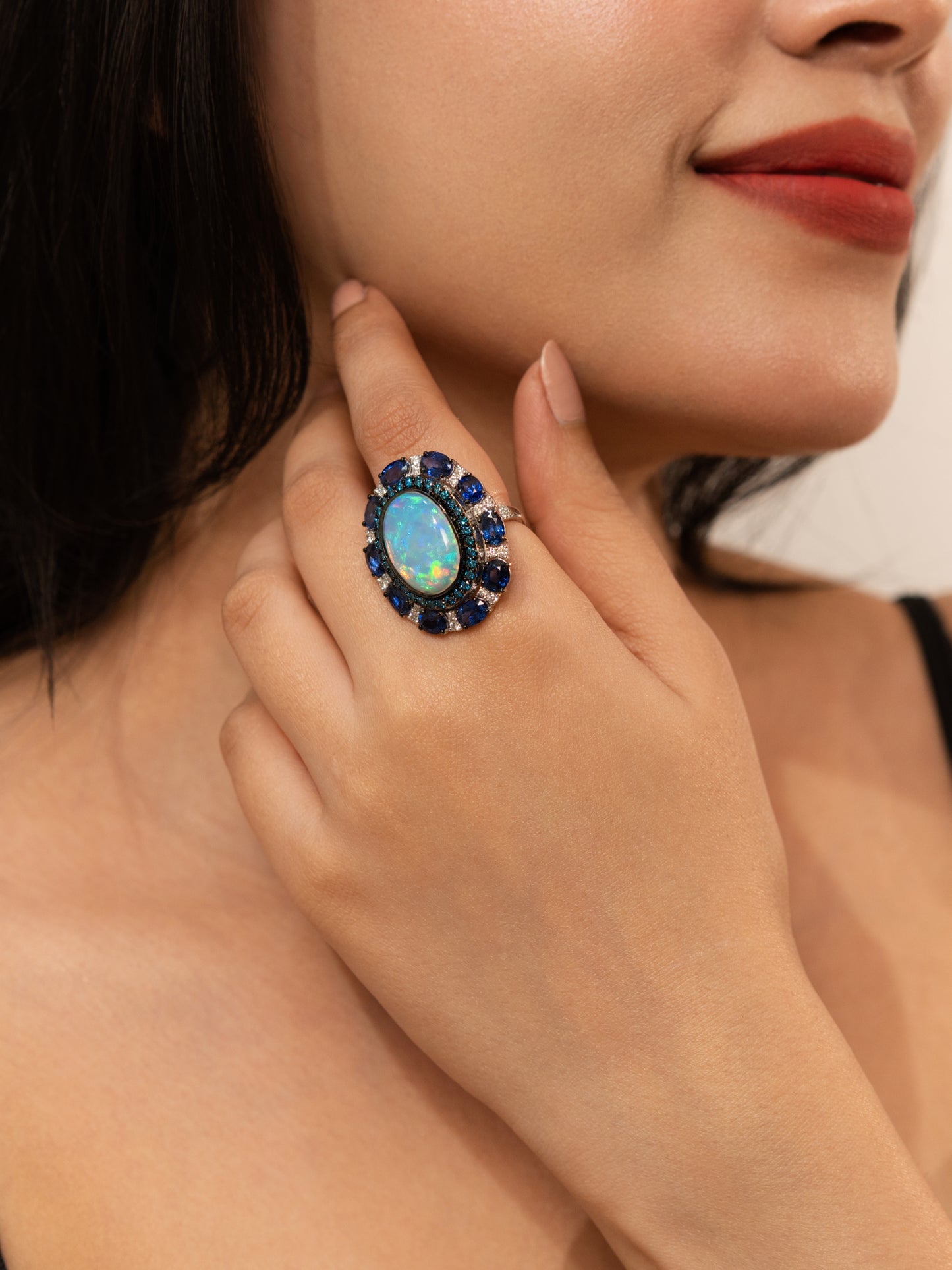 Vintage 18K Opal Ring with Blue Diamond Halo & Sapphire Accents