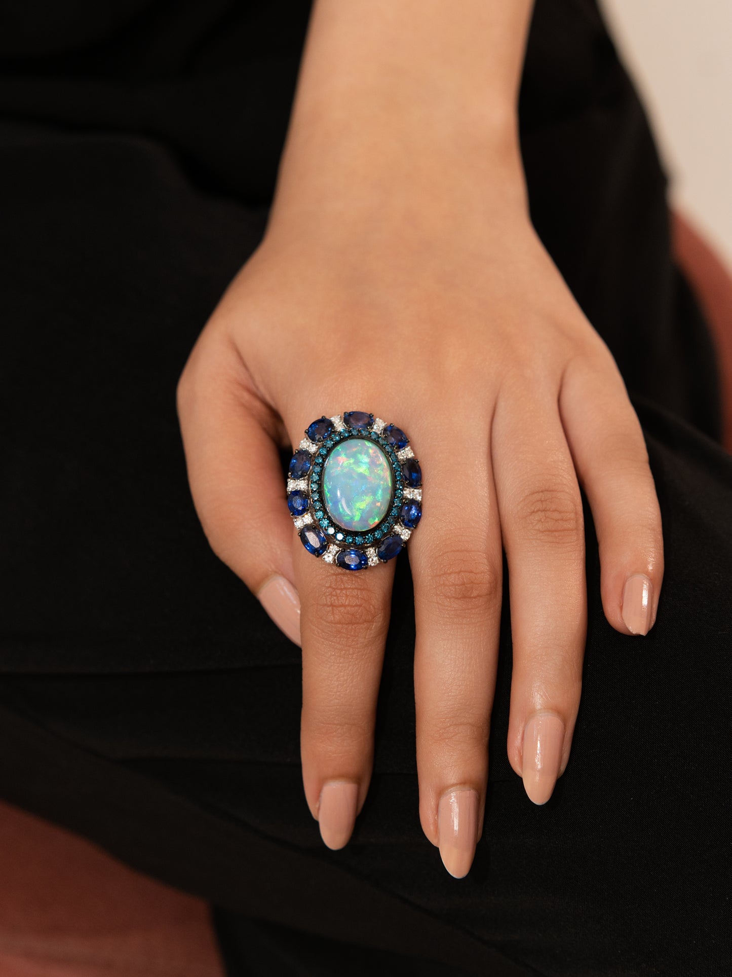 Vintage 18K Opal Ring with Blue Diamond Halo & Sapphire Accents