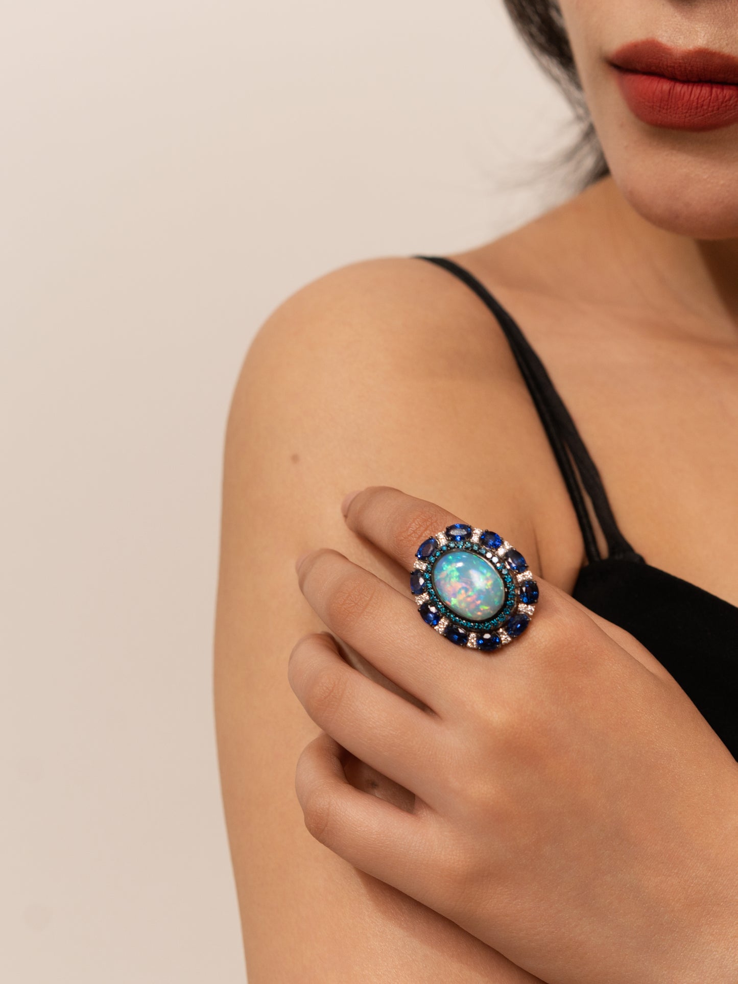 Vintage 18K Opal Ring with Blue Diamond Halo & Sapphire Accents