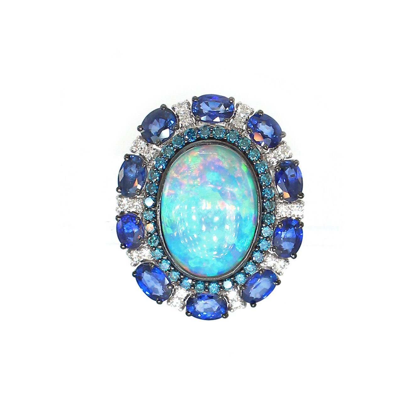 Vintage 18K Opal Ring with Blue Diamond Halo & Sapphire Accents