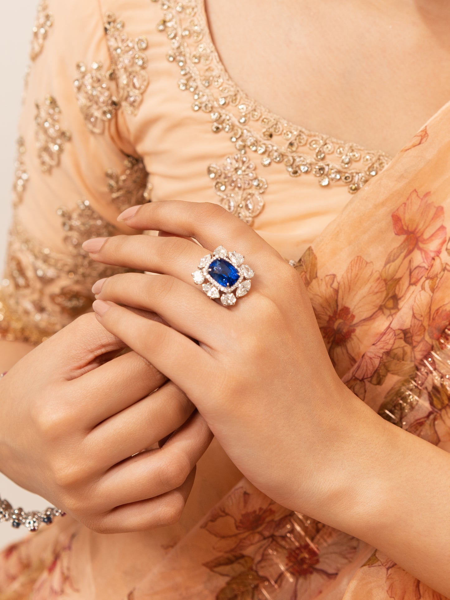 4.34 ct Cushion Sapphire with White, Marquise and Oval Diamond Ring in 18K Gold