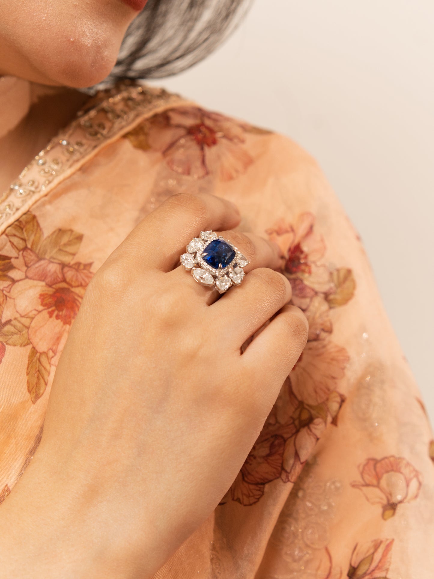 4.34 ct Cushion Sapphire with White, Marquise and Oval Diamond Ring in 18K Gold