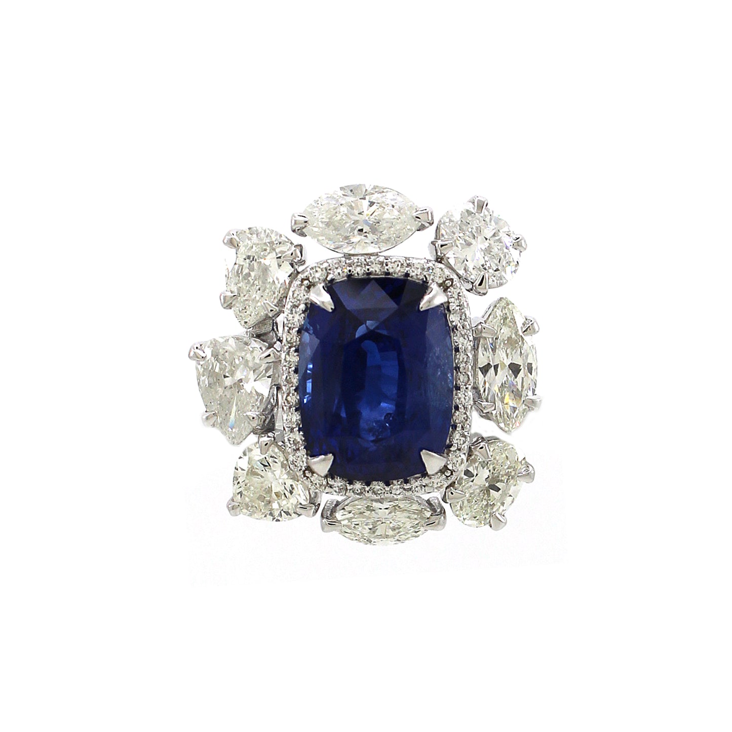4.34 ct Cushion Sapphire with White, Marquise and Oval Diamond Ring in 18K Gold